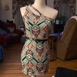One shoulder patterned dress with belt